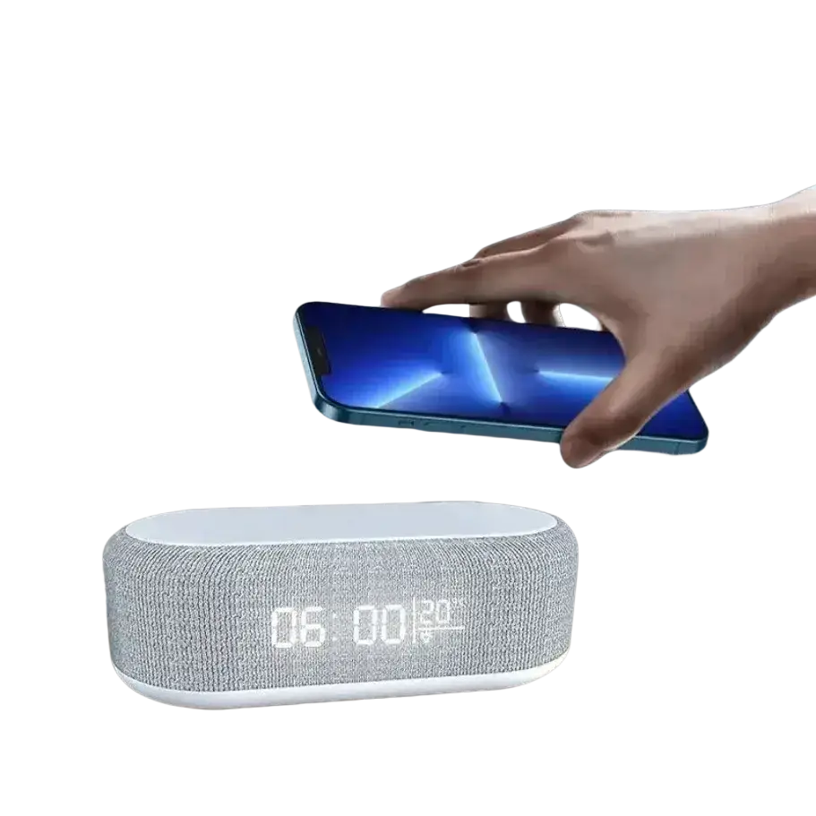 Gray textured fabric wireless charging alarm clock with white digital display showing time and temperature