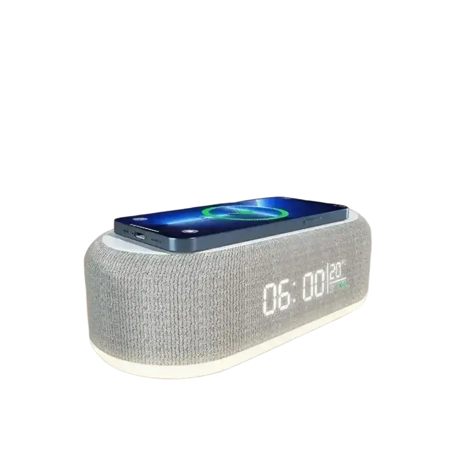 Gray textured wireless charging alarm clock with digital display showing time and wireless charging function