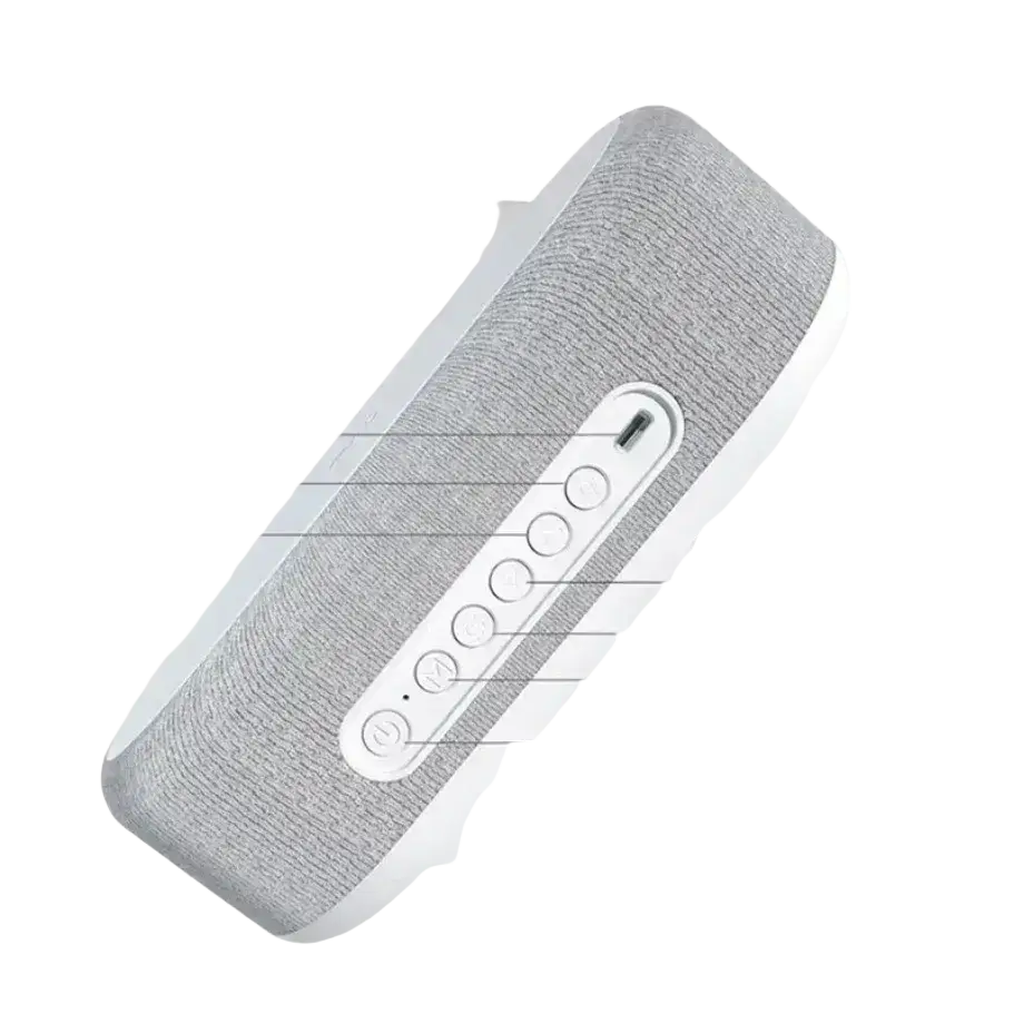 Wireless charging alarm clock with thermometer featuring gray textured fabric speaker and white plastic control buttons