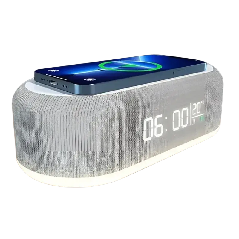Gray textured wireless charging bluetooth speaker alarm clock with 30w fast wireless charging and power saving mode digital display