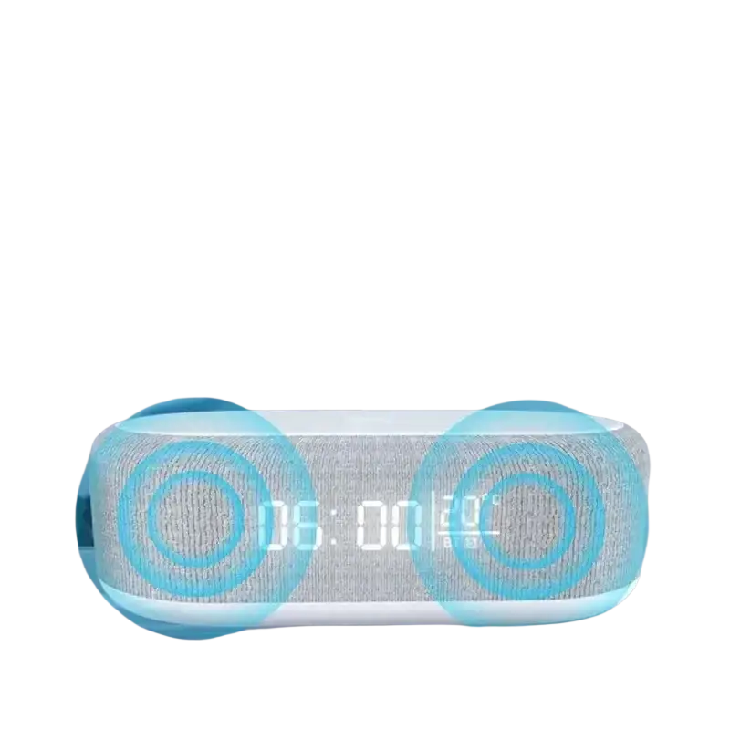 A sleek gray fabric wireless charging bluetooth speaker alarm clock with glowing blue accents and power saving mode