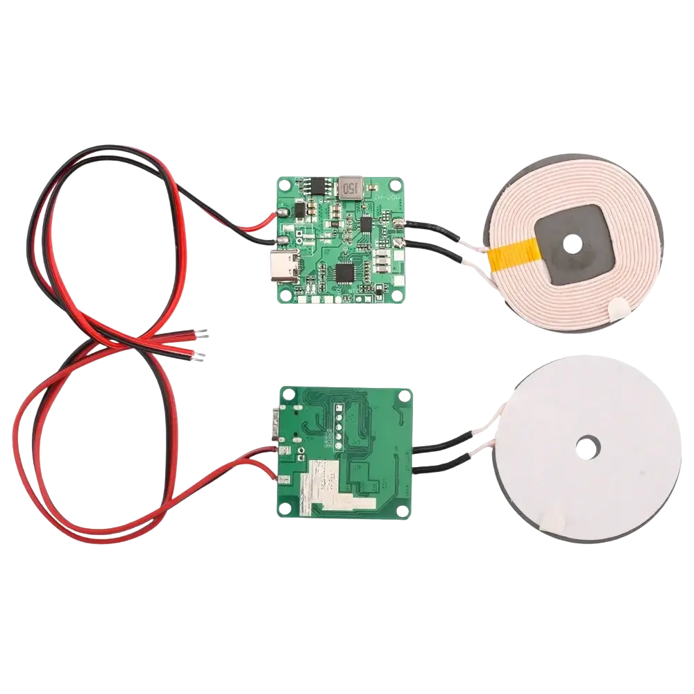 Wireless charging fast transmitter module type c featuring green circuit boards with pink and white coil pads for fast charging