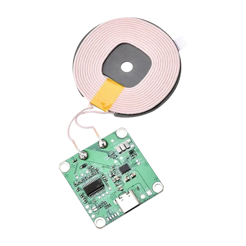 Pink wireless charging fast transmitter module type c with black center yellow adhesive and green circuit board usb port