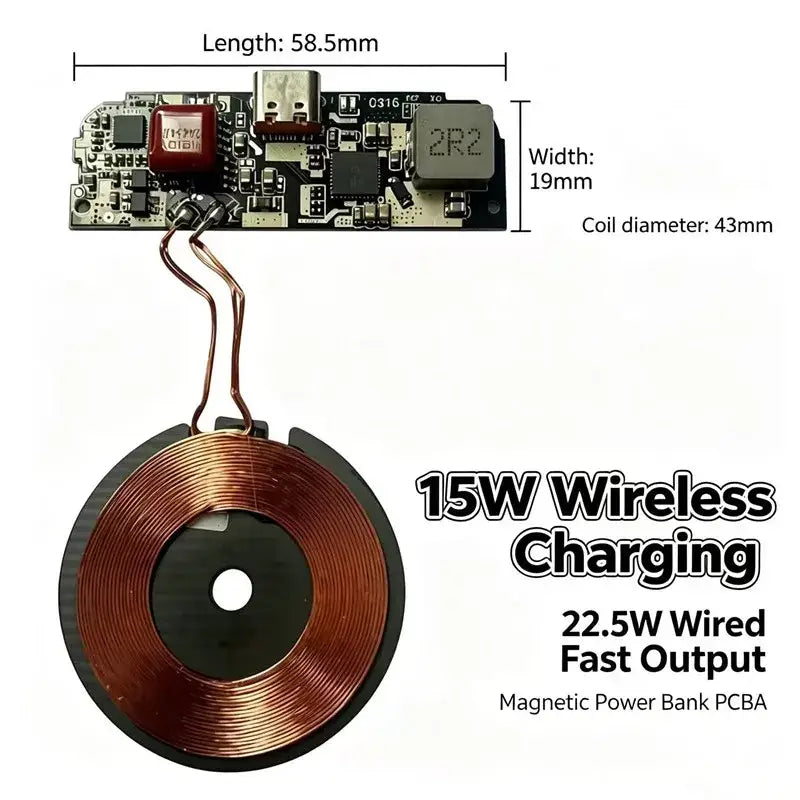 Wireless charging module 15w fast charging pcba with copper wire coil and black plastic base for efficient wireless charging