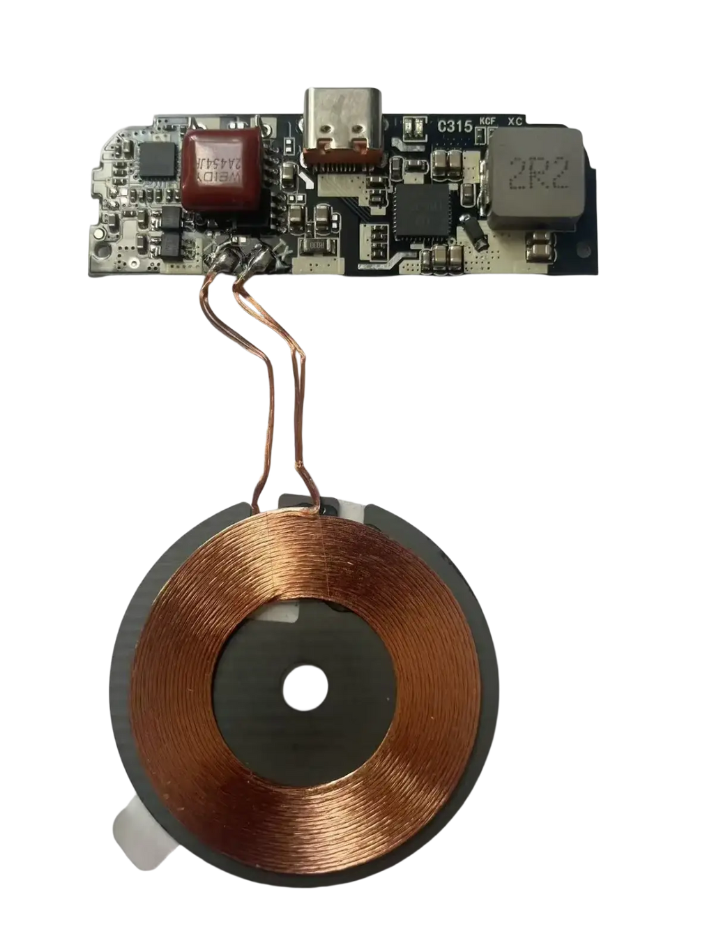 Wireless charging module 15w fast charging pcba with copper coil and black base connected to electronic circuit board