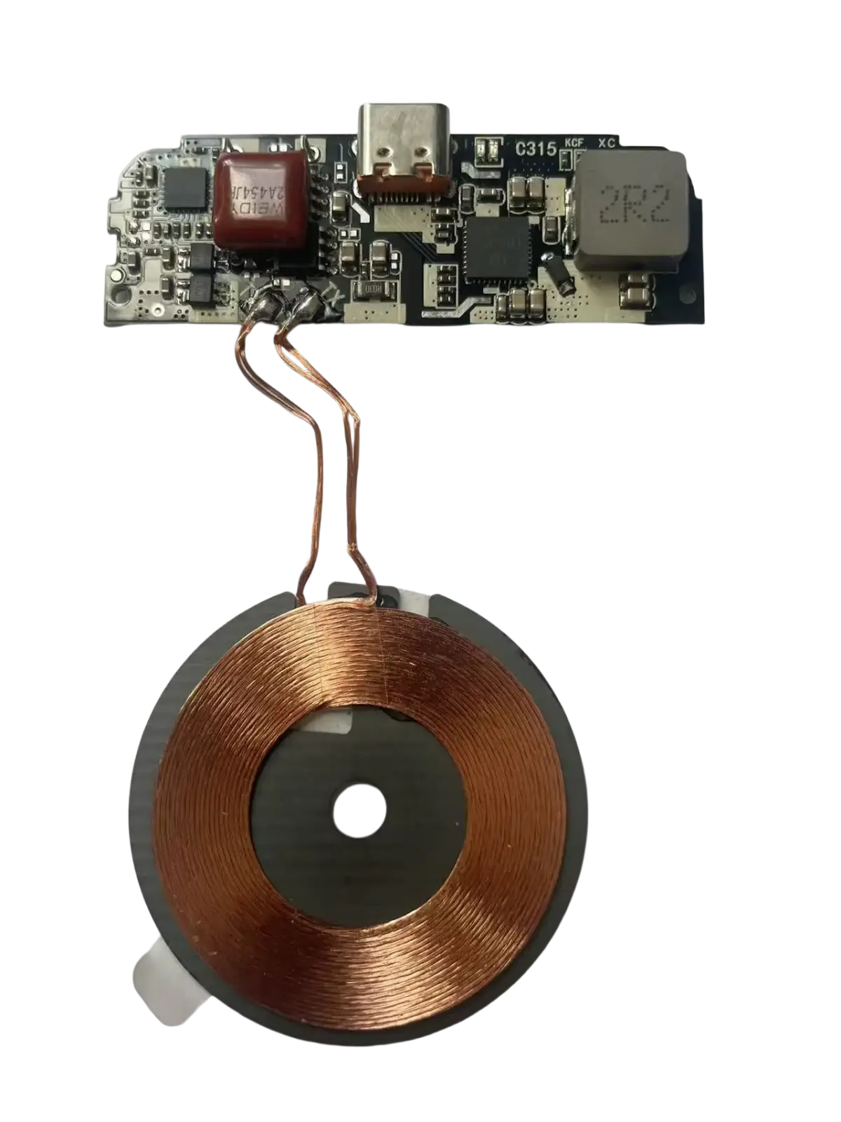 Wireless charging module 15w fast charging pcba with copper coil and black base connected to electronic circuit board