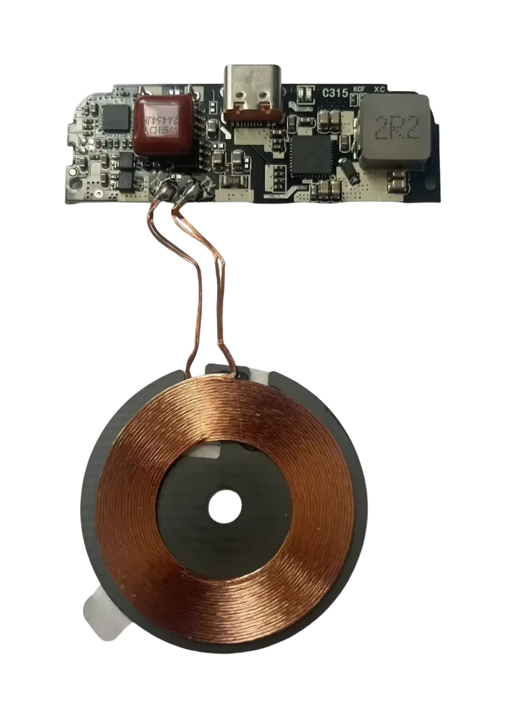 Wireless charging module 15w fast charging pcba with copper coil and black hub connected to electronic circuit board