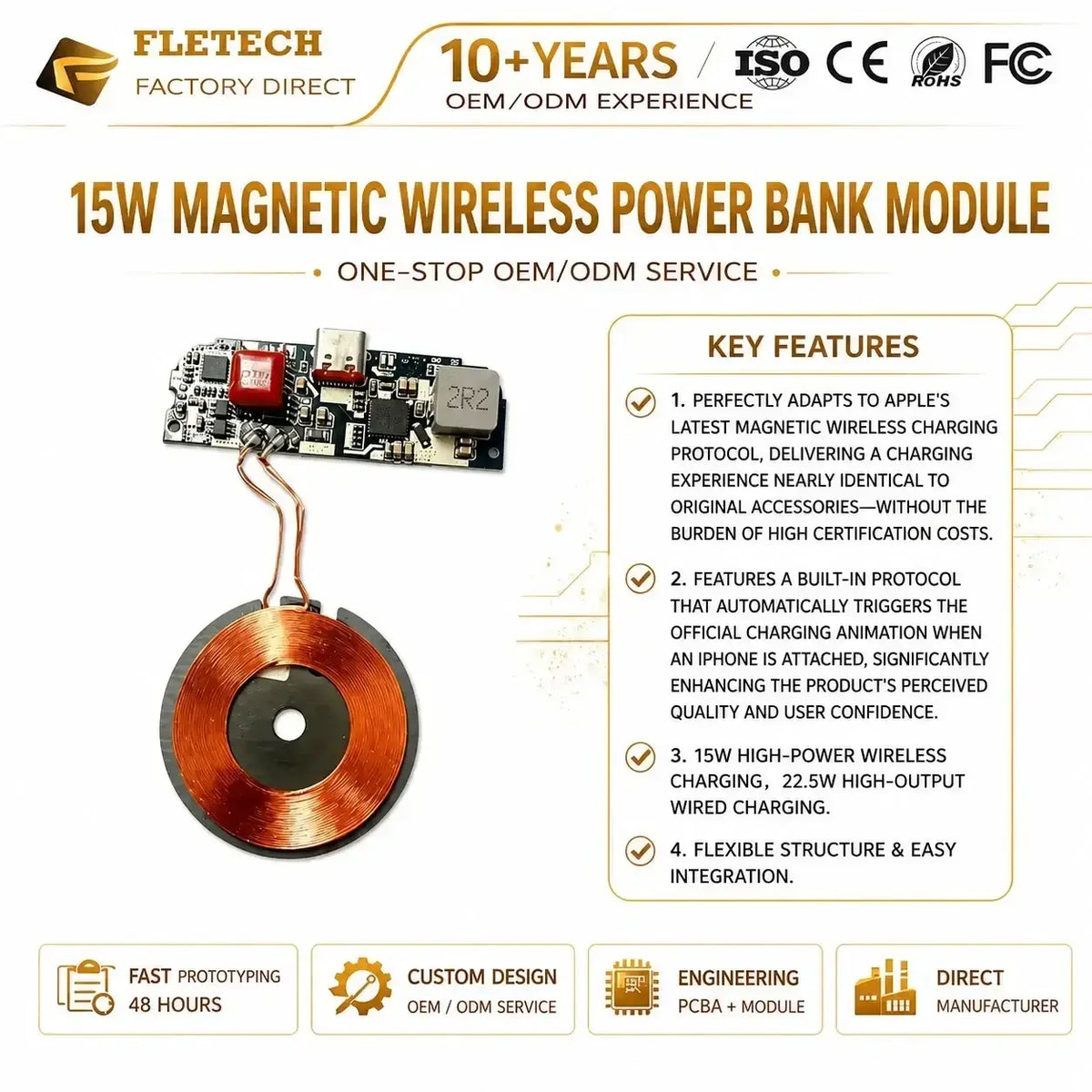 Wireless charging module 15w fast charging pcba with copper coil and circuit board for efficient power transfer
