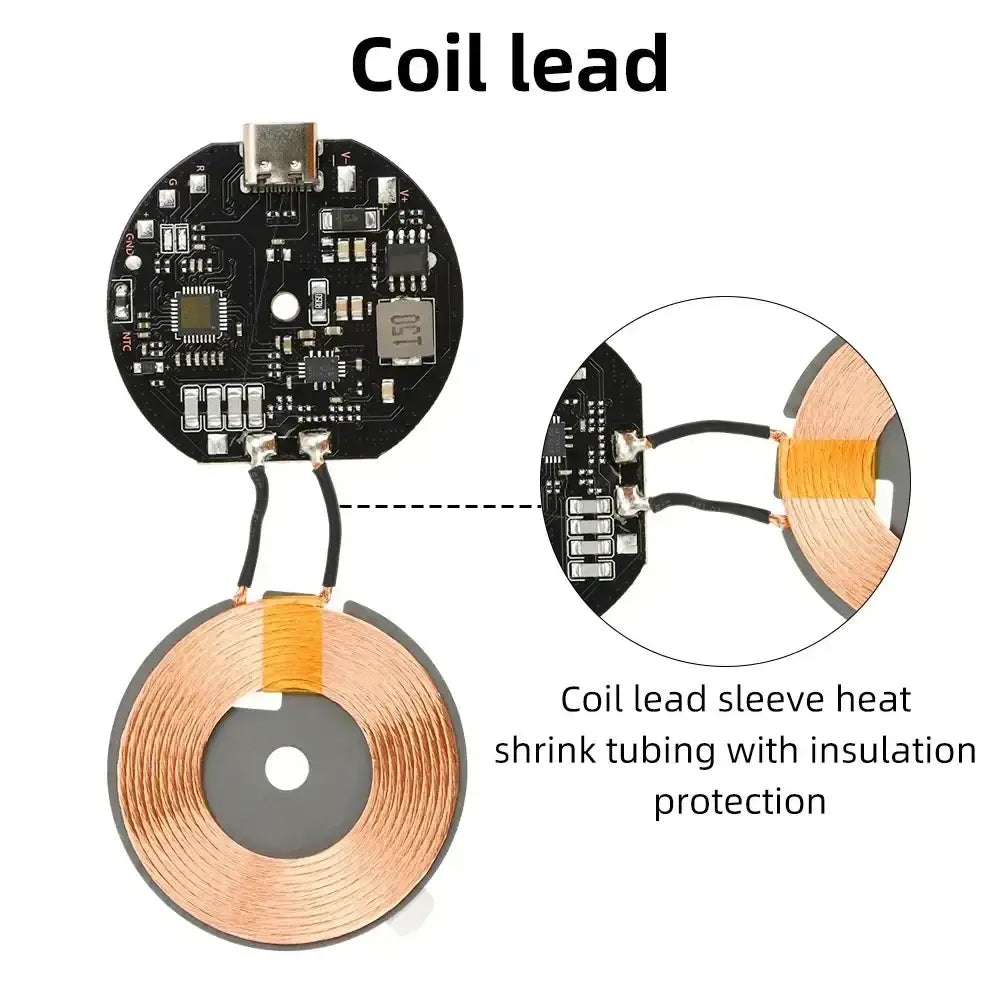 Wireless charging module 20w car pcba with circular copper coil, black circuit board, and yellow insulated tubing