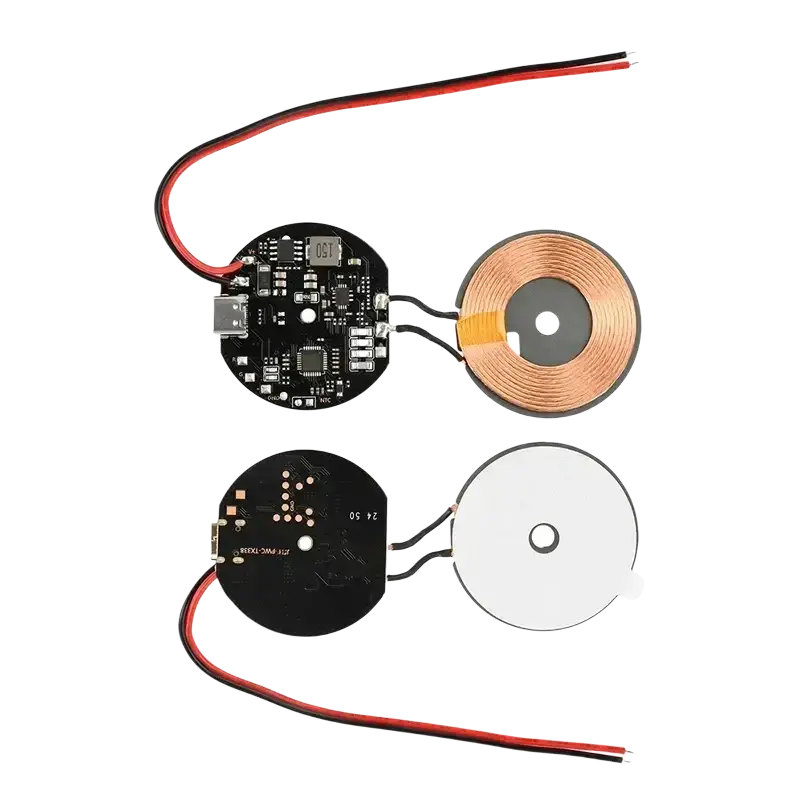 Wireless charging module 20w car pcba featuring copper coils black circuit boards and red and black wiring assembly