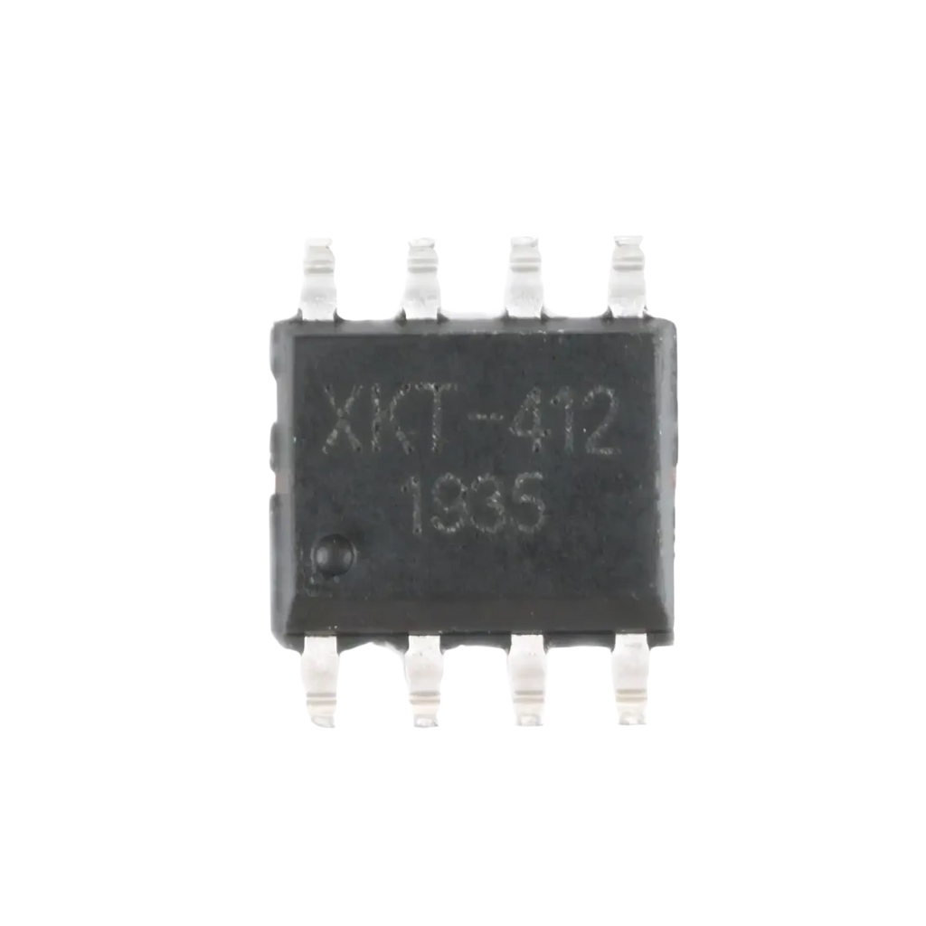 Black rectangular integrated circuit with eight silver pins engraved xkt-412 1935 in wireless charging module circuit board