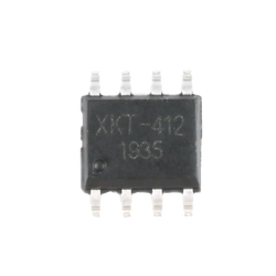 Black rectangular integrated circuit with eight silver pins engraved xkt-412 1935 in wireless charging module circuit board