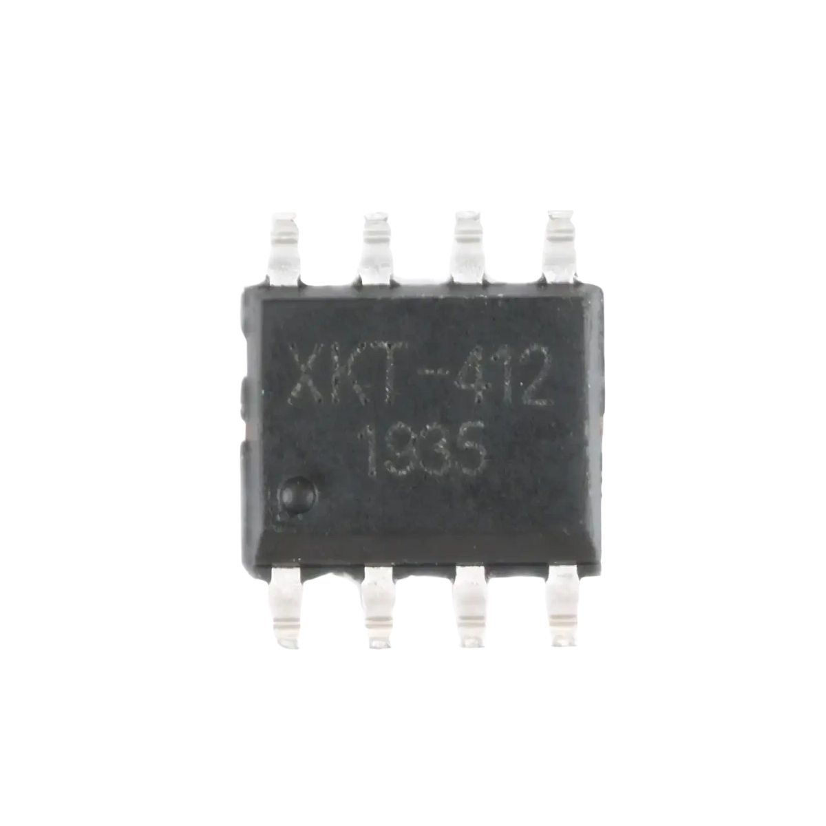 Black rectangular integrated circuit with eight silver pins engraved xkt-412 1935 in wireless charging module circuit board