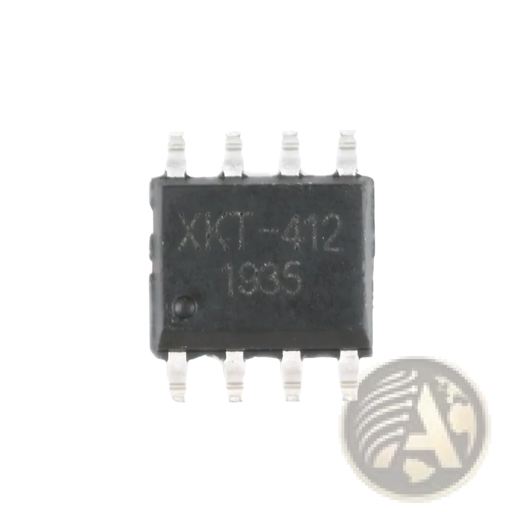 Black rectangular integrated circuit with eight silver pins engraved xkt-412 1935 in wireless charging module circuit board