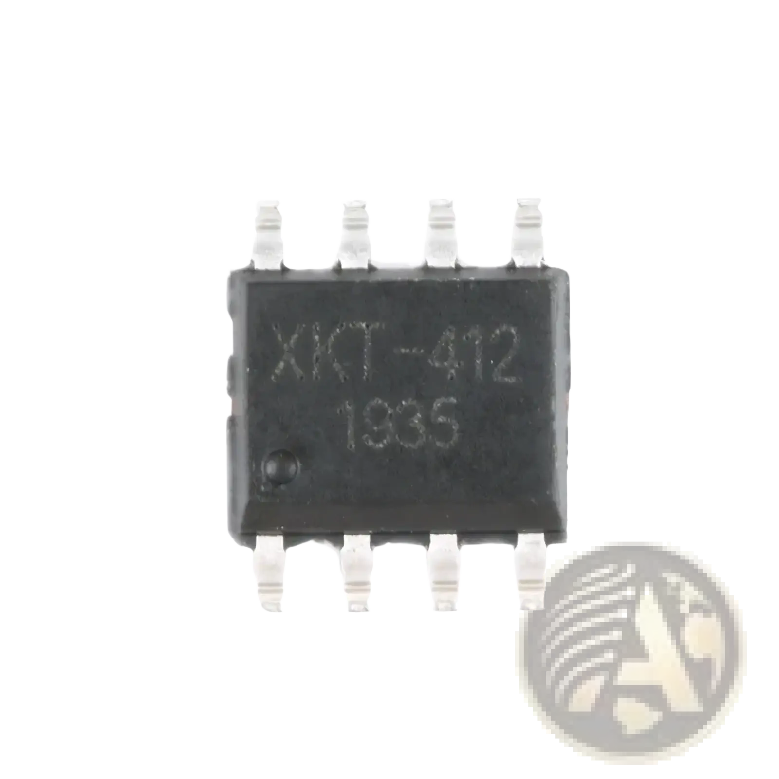 Black rectangular integrated circuit with eight silver pins engraved xkt-412 1935 in wireless charging module circuit board