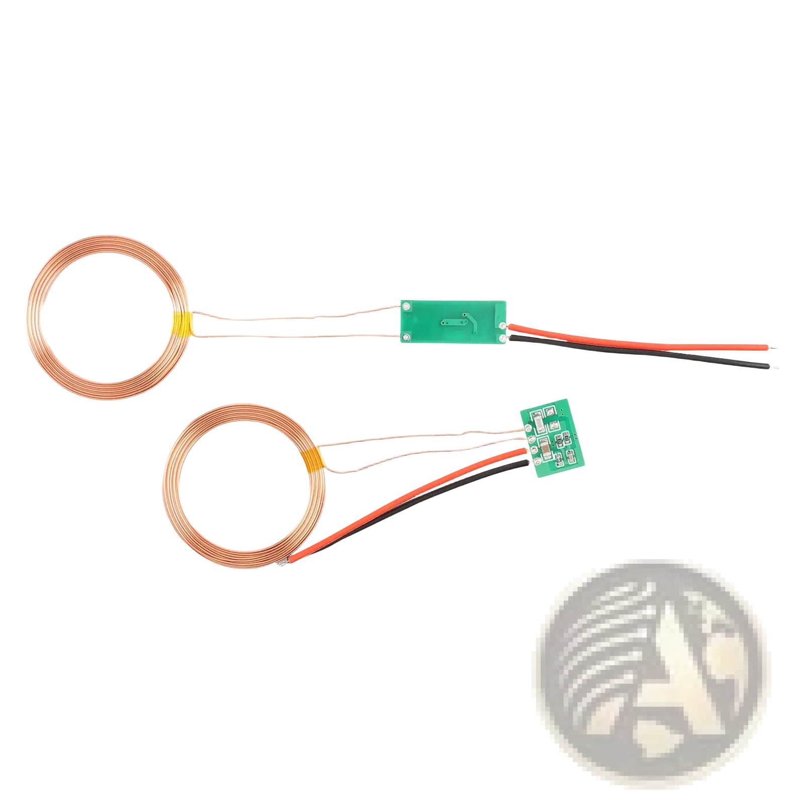 Wireless charging module 5v 12v power supply circuit board with two copper-coil coils green circuit boards and red black wires