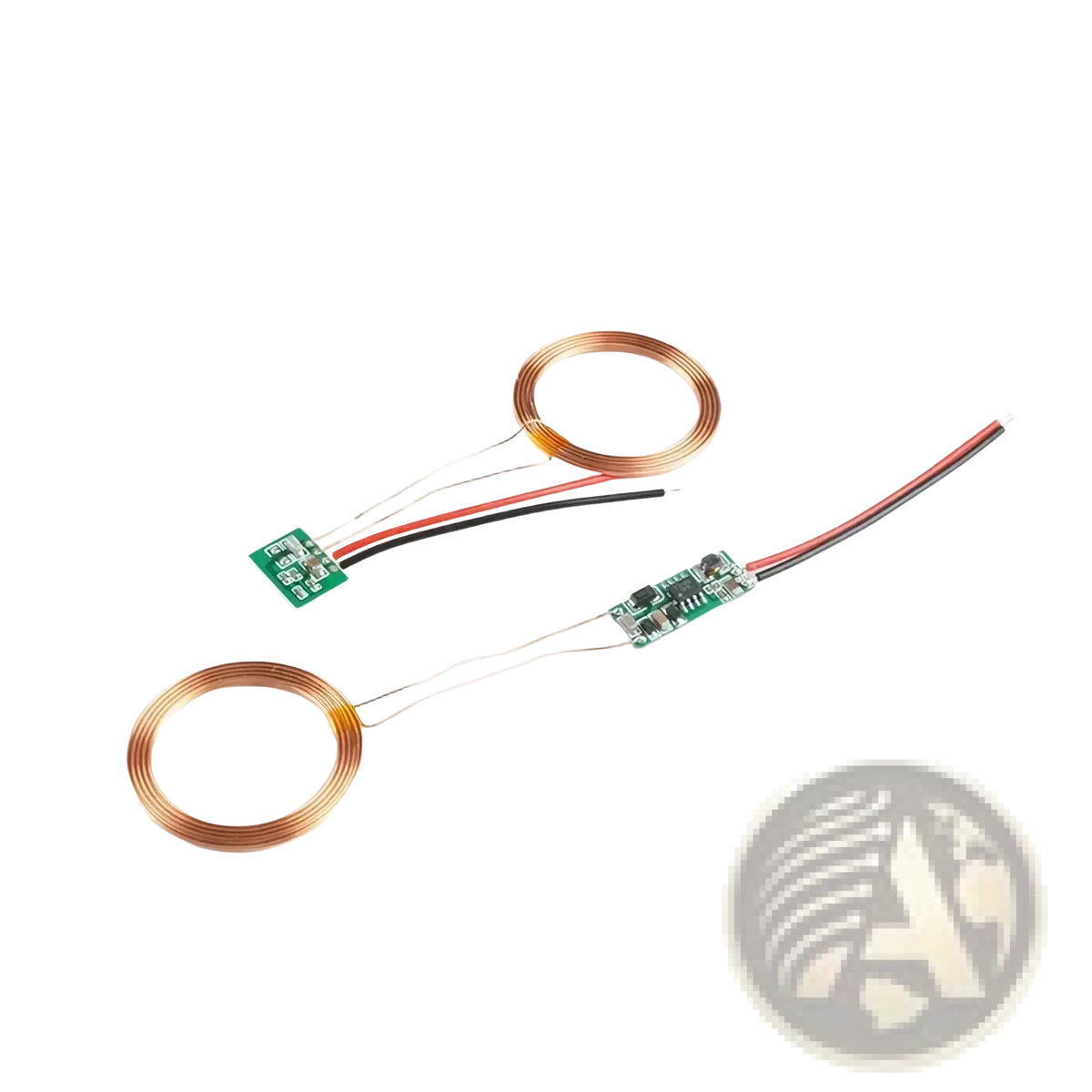 Wireless charging module featuring two copper coil coils with green circuit boards and red black wires for 5v 12v power supply