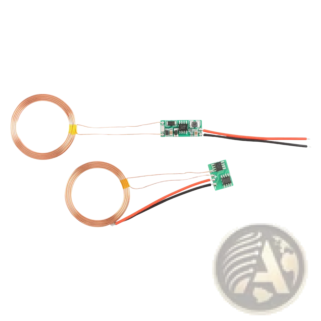 Two copper-coil wireless charging module circuit boards with green pcbs and red black wires for 5v 12v power supply