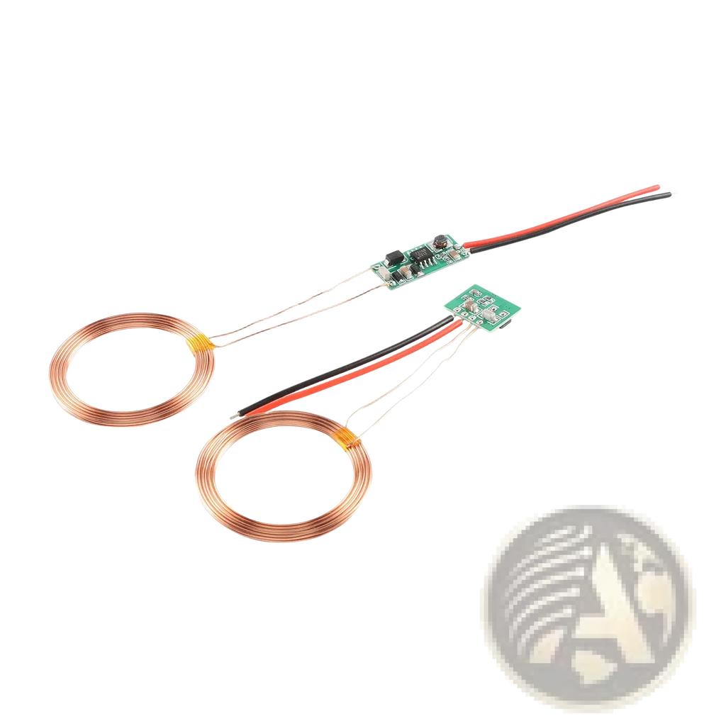 Wireless charging module with two copper coils on green circuit board featuring red and black wires for 5v 12v power supply