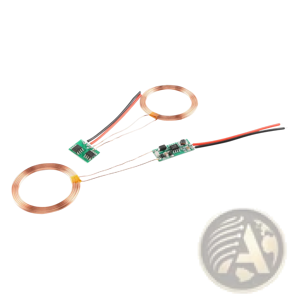 Wireless charging module featuring two copper coil charging coils with green circuit boards and red black wires