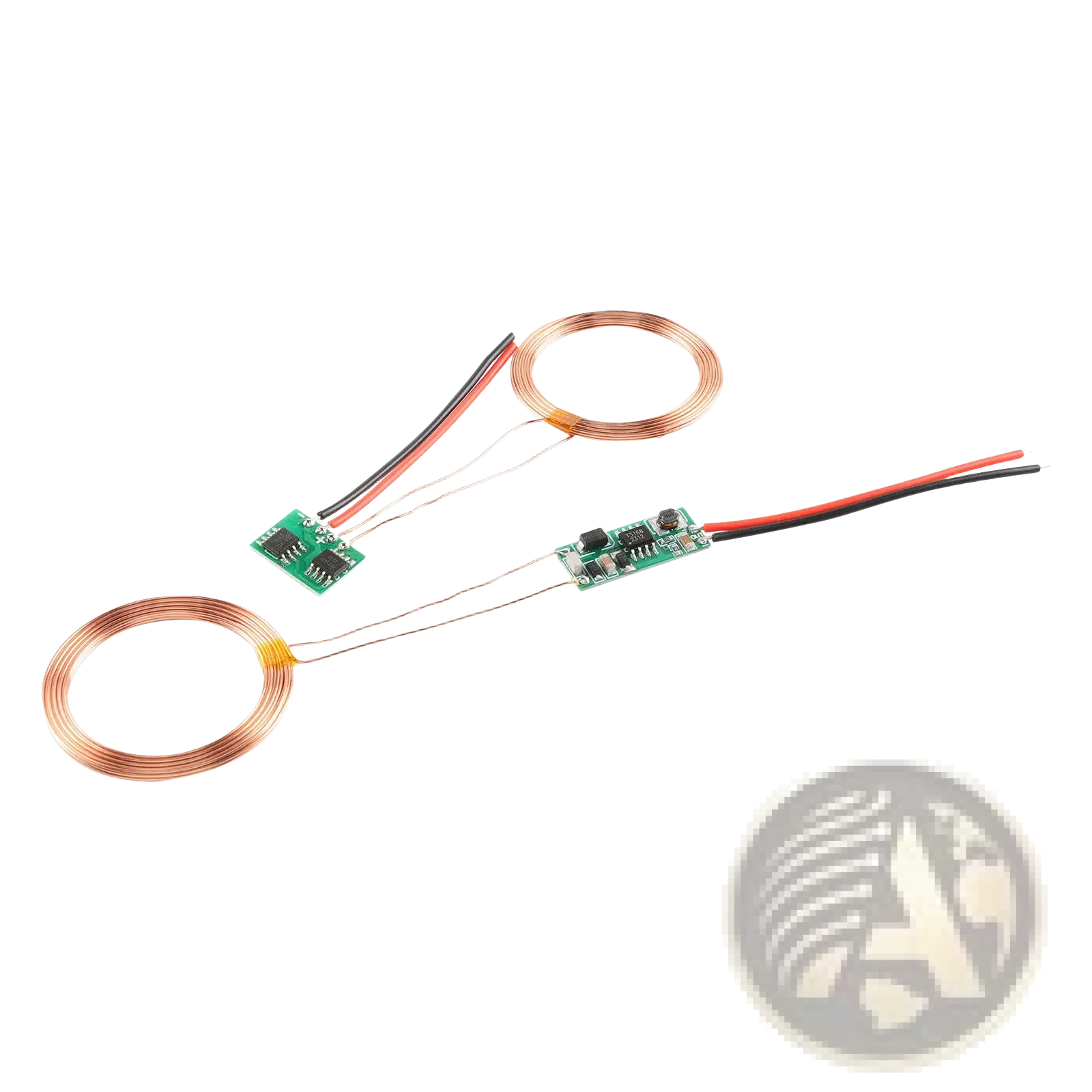 Wireless charging module featuring two copper coil charging coils with green circuit boards and red black wires
