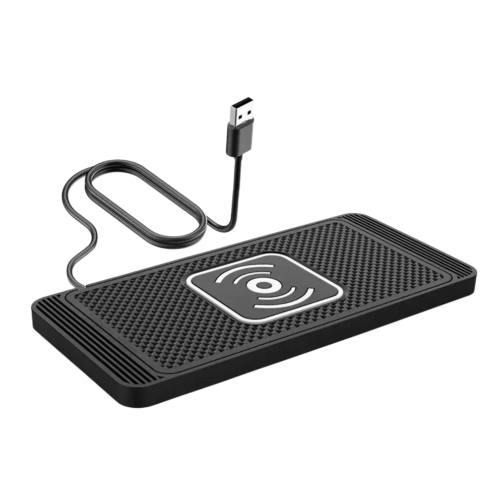 Black wireless charging pad with textured surface and white circular logo with usb cable for fast car wireless charging