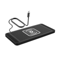 Black rectangular wireless charging pad with textured surface and white icon with usb-c cable for fast car wireless charging