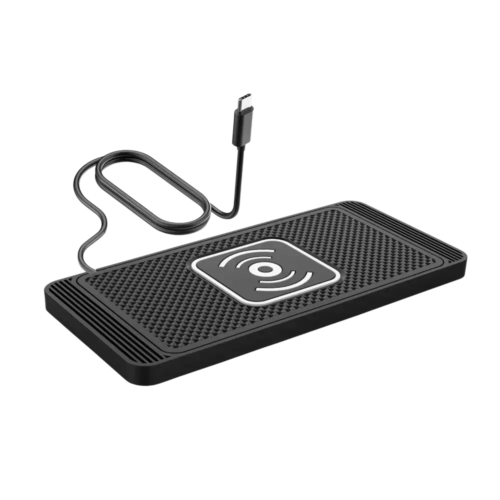 Black rectangular wireless charging pad with textured surface and white icon with usb-c cable for fast car wireless charging