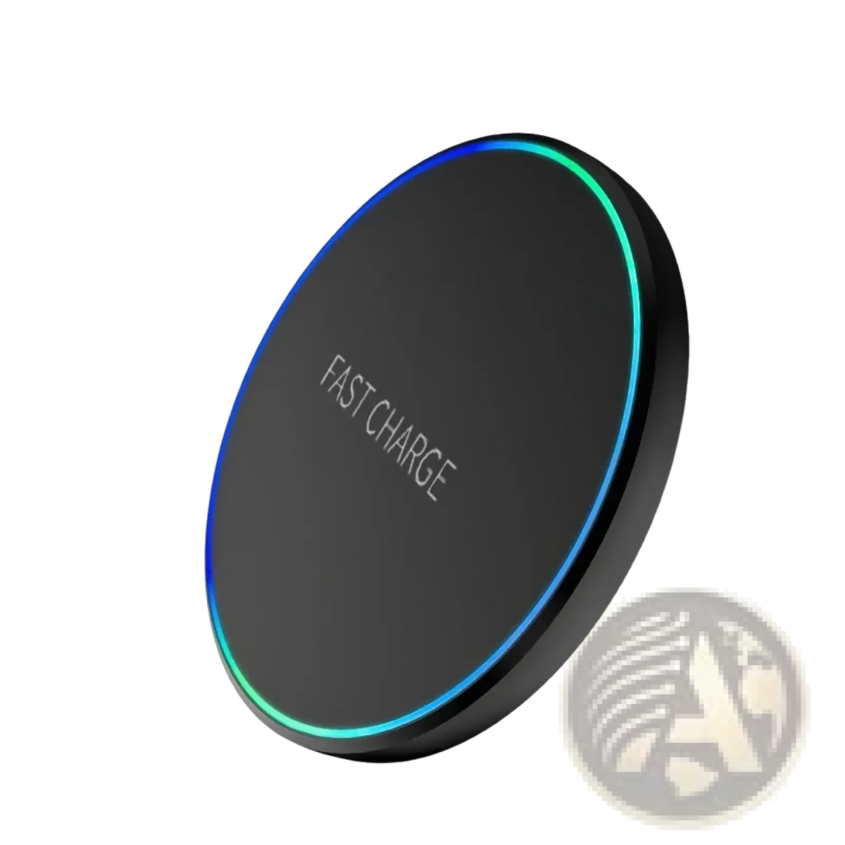 Black circular wireless charging pad with glowing blue and green LED ring for phone and watch charging