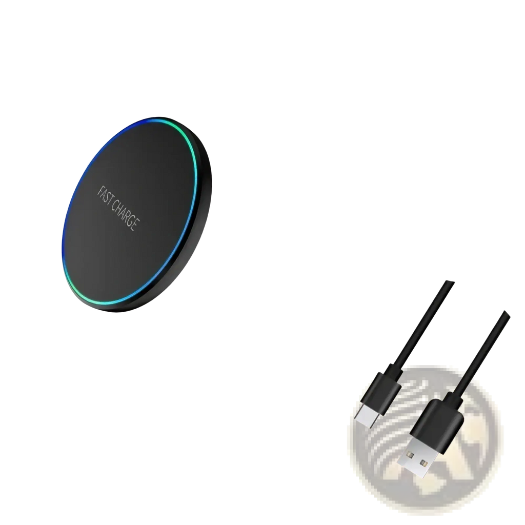 Wireless charging pad for phone and watch in black with fast charge engraving and glowing blue green LED ring