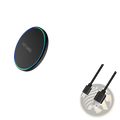 Wireless charging pad for phone and watch in black with fast charge engraving and glowing blue green LED ring