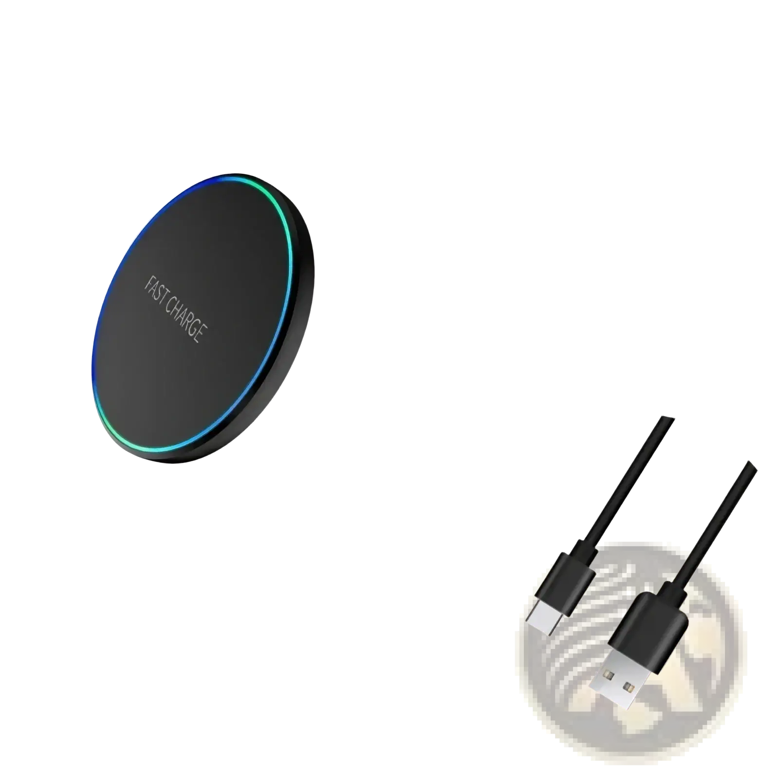 Wireless charging pad for phone and watch in black with fast charge engraving and glowing blue green LED ring