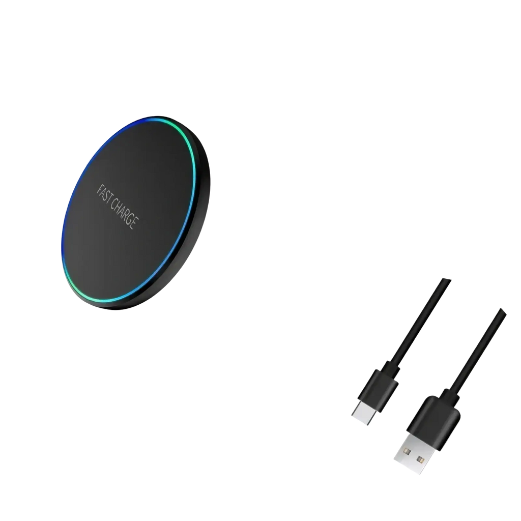 Wireless charging pad for phone and watch in black with fast charge engraving and glowing blue green LED ring