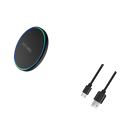 Wireless charging pad for phone and watch in black with fast charge engraving and glowing blue green LED ring