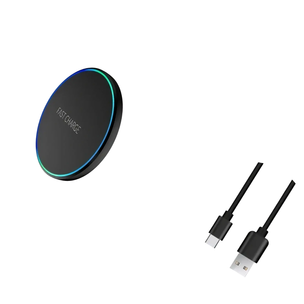 Wireless charging pad for phone and watch in black with fast charge engraving and glowing blue green LED ring