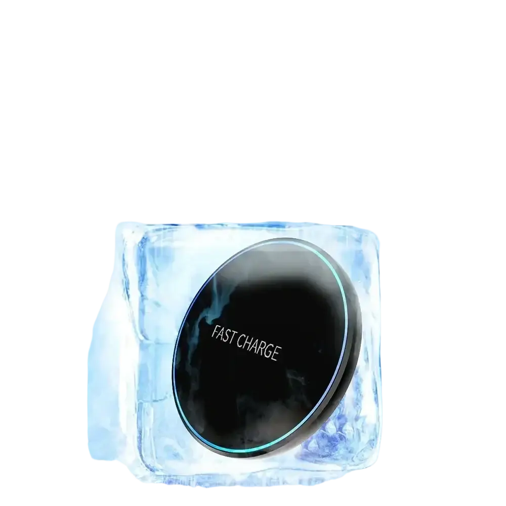 Black circular wireless charging pad with glowing blue rim designed for low-temperature fast phone and watch charging