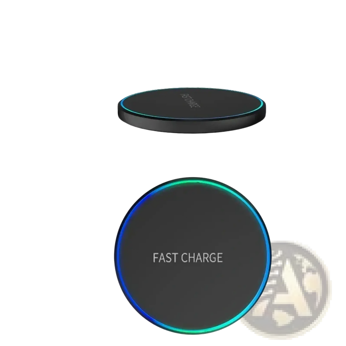 Black circular wireless charging pad with glowing blue and green led ring and fast charge text for phone and watch