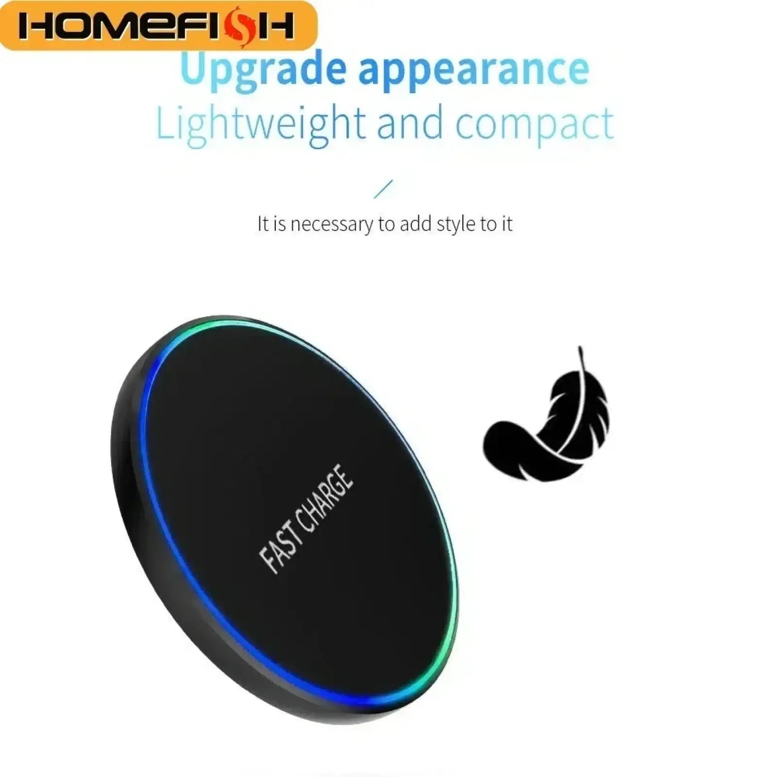 Black circular wireless charging pad for phone and watch with glowing blue led ring and fast charge text on surface