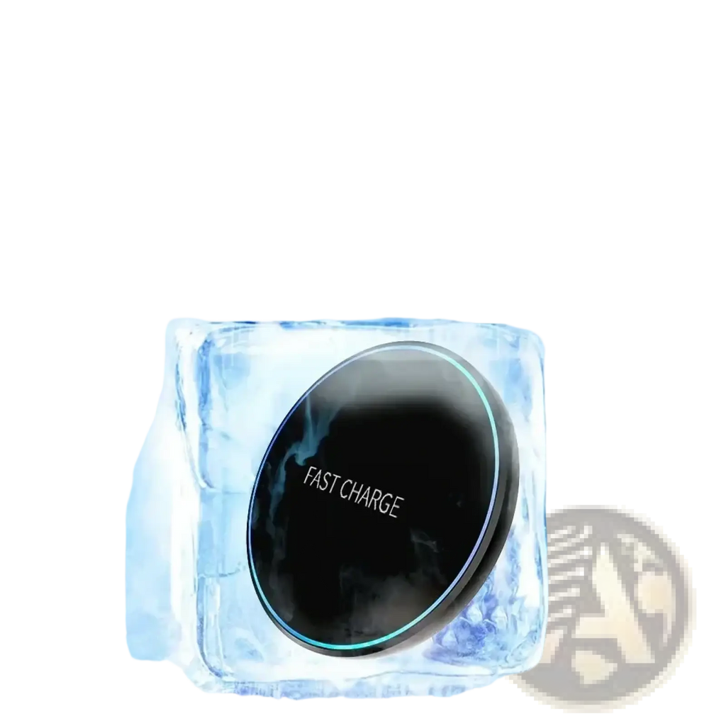 Black circular wireless charging pad with glowing blue rim designed for low-temperature fast phone and watch charging