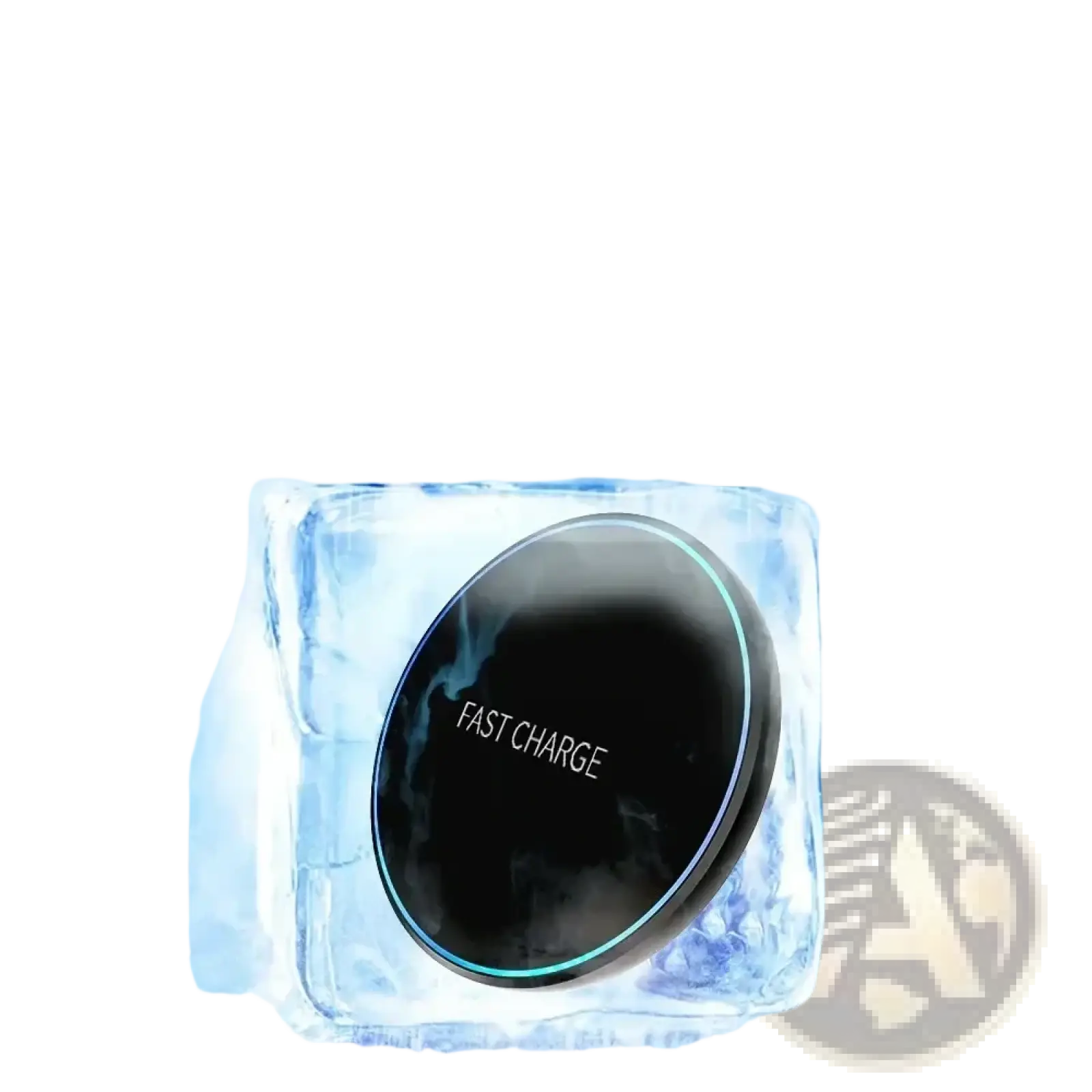 Black circular wireless charging pad with glowing blue rim designed for low-temperature fast phone and watch charging