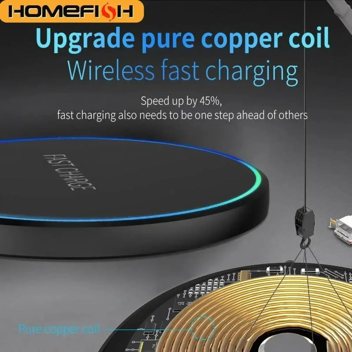 Wireless charging pad for phone and watch in black with glowing blue edge and fast charge engraving on surface