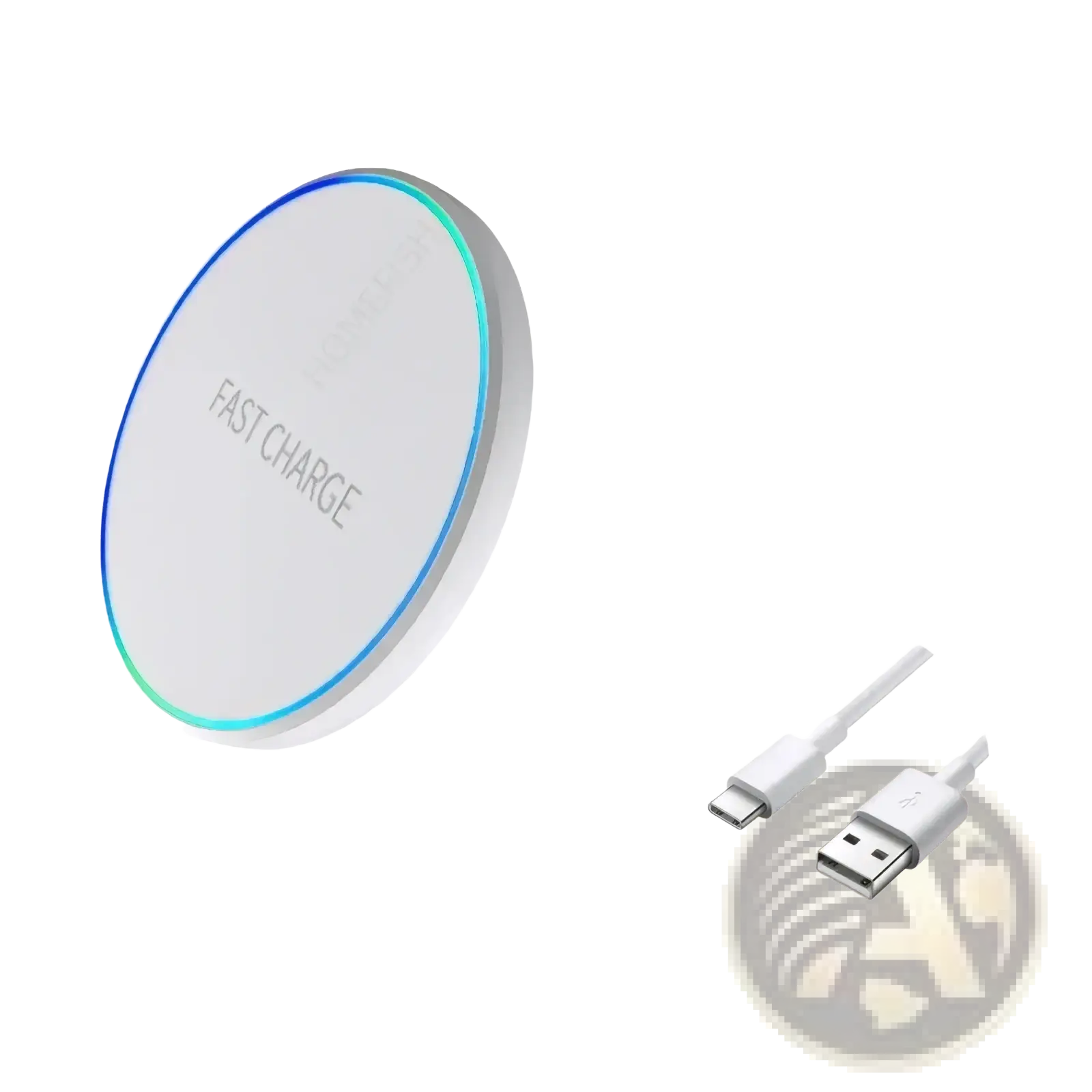 White circular wireless charging pad with glowing blue led fast charge engraving and white usb-c to usb-a cable