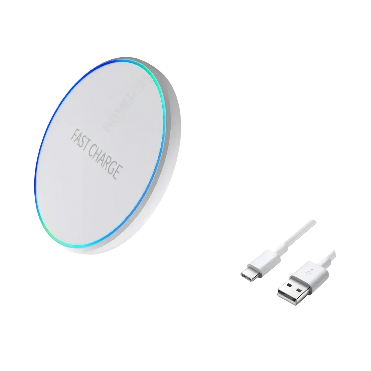 White circular wireless charging pad with glowing blue led fast charge engraving and white usb-c to usb-a cable