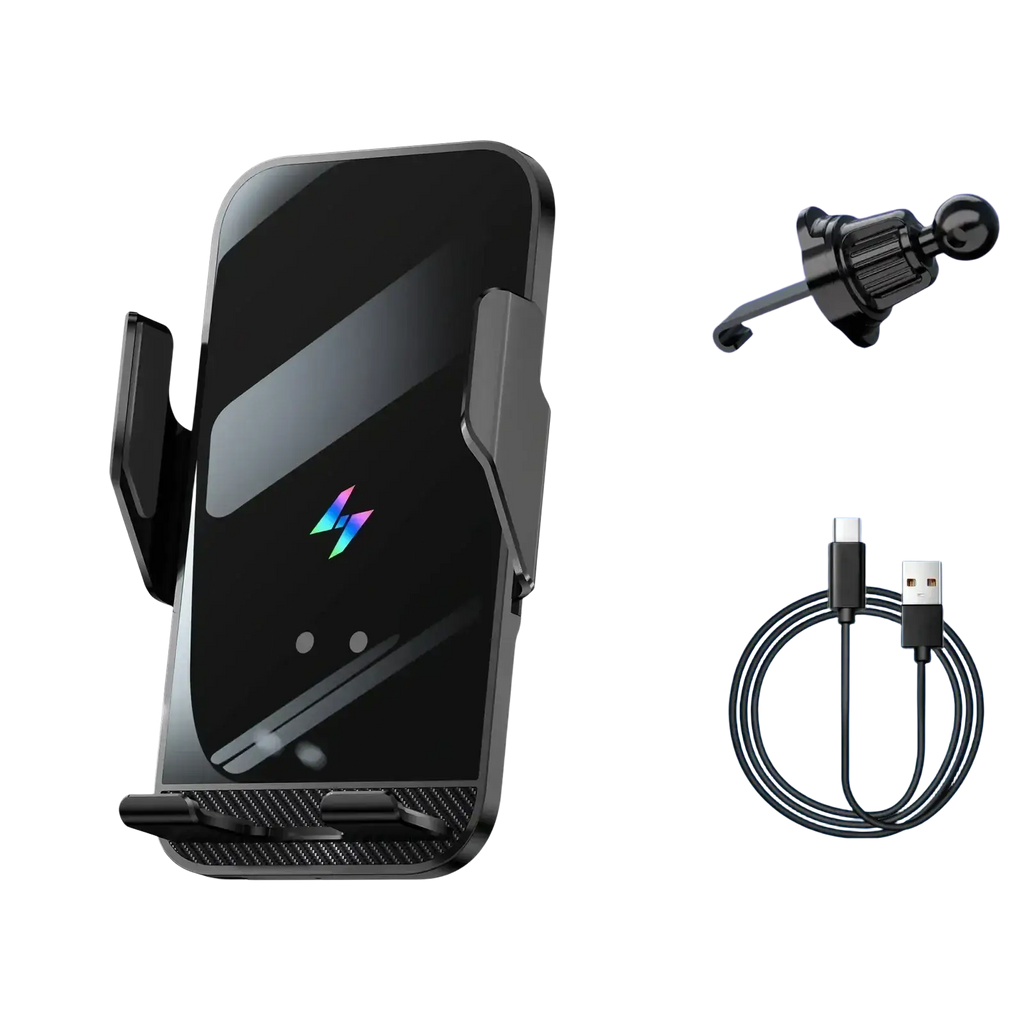 Black wireless charging phone holder with auto clamping features glossy finish and carbon fiber texture base with illuminated logo
