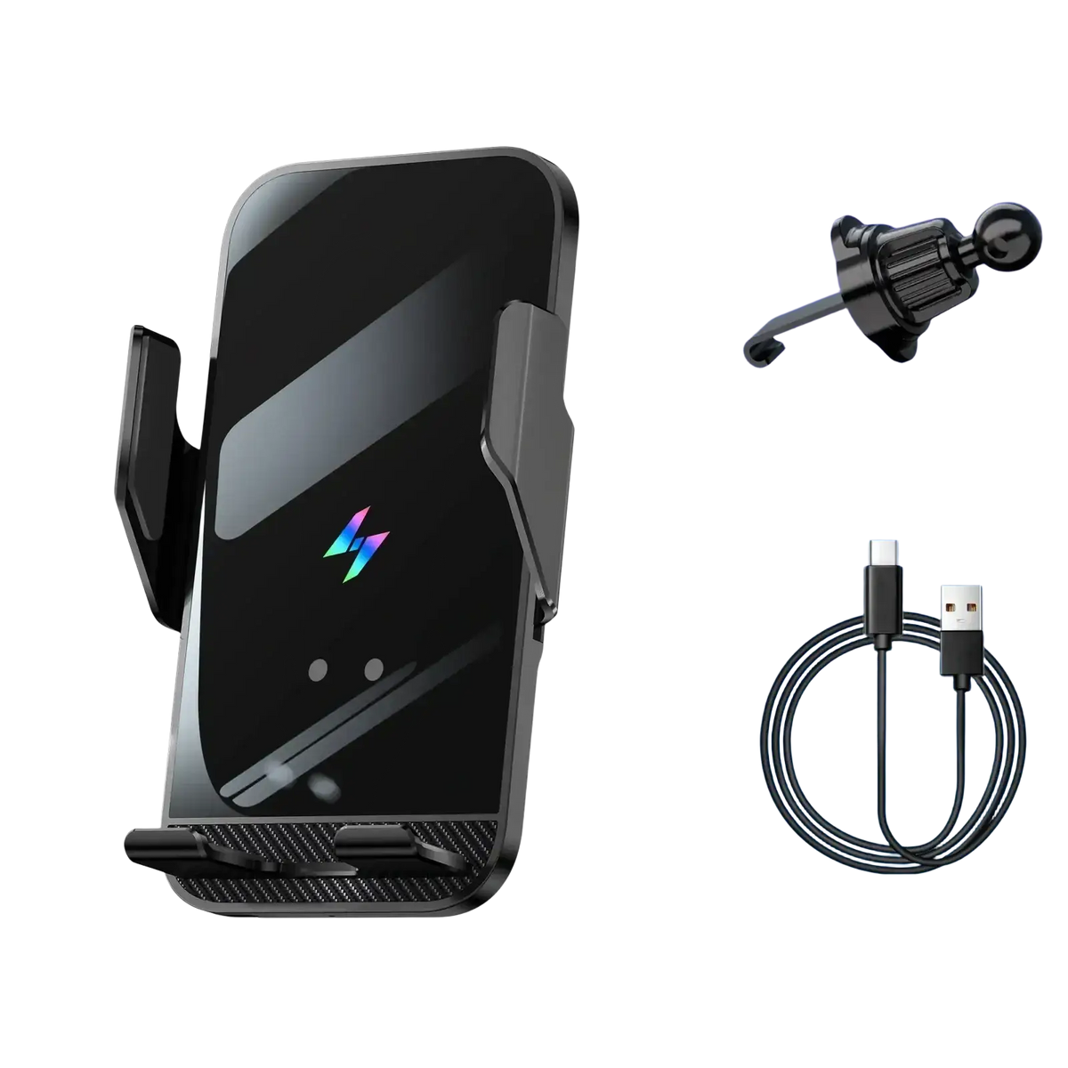 Black wireless charging phone holder with auto clamping features glossy finish and carbon fiber texture base with illuminated logo