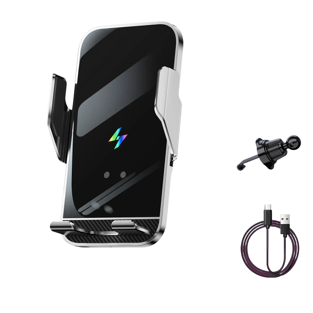 Black and silver wireless charger phone holder with sleek design and smart sensing auto clamping technology