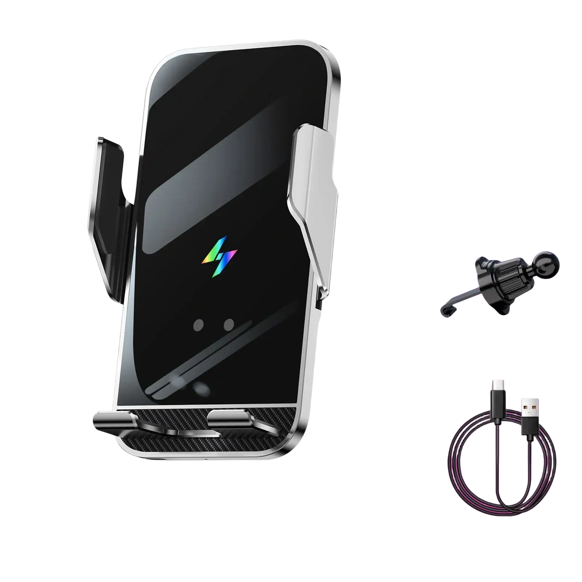 Black and silver wireless charger phone holder with sleek design and smart sensing auto clamping technology