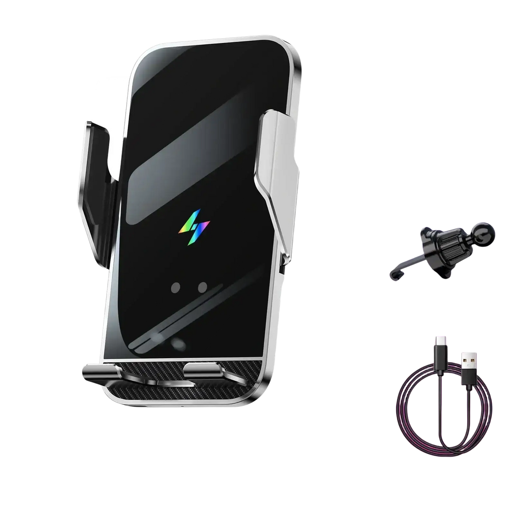 Black and silver wireless charging phone holder with auto clamping and carbon fiber textured base design