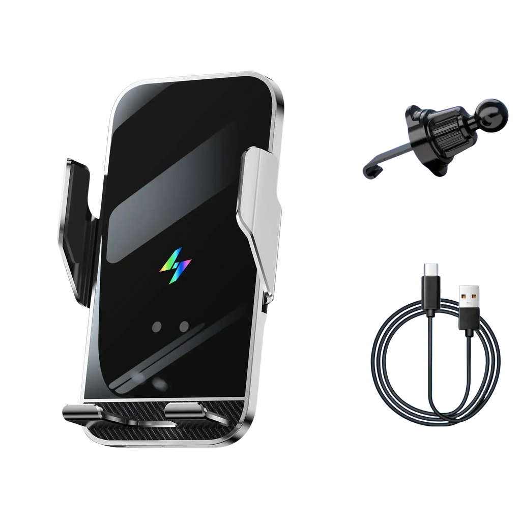 Black and silver wireless charger phone holder with auto clamping and carbon fiber accents for wireless charging