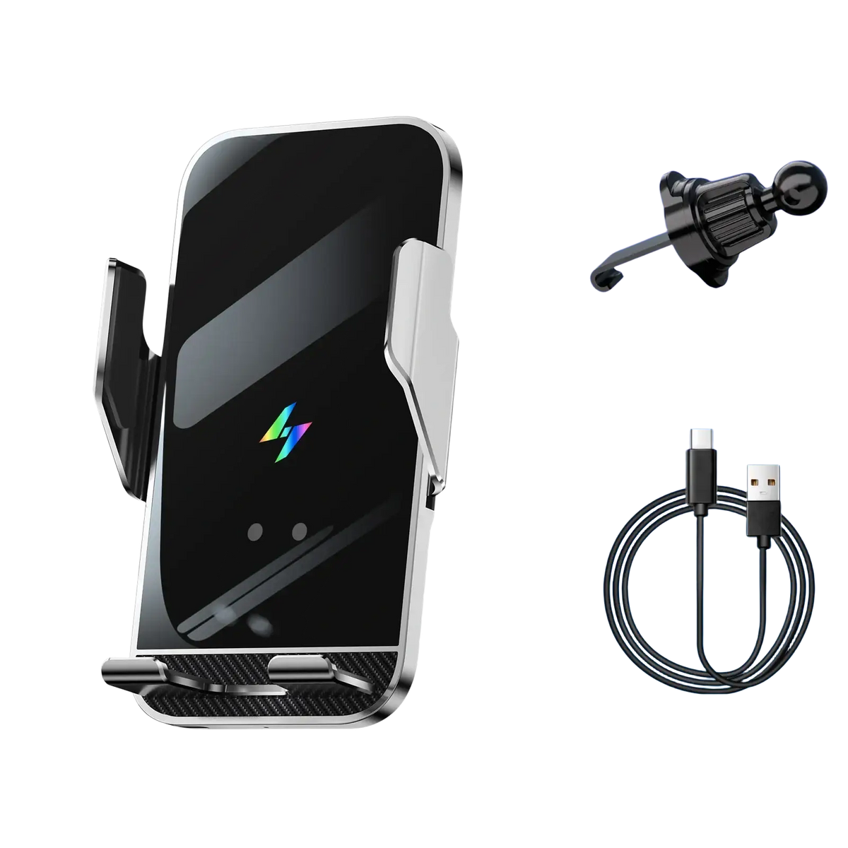 Black and silver wireless charger phone holder with auto clamping and carbon fiber accents for wireless charging